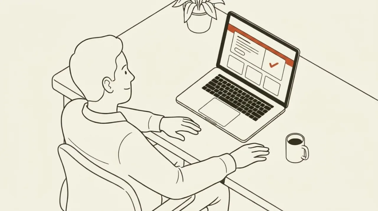 椅子に背を預け、自社サイトが順調に動くのを満足げに眺める人のイラスト
