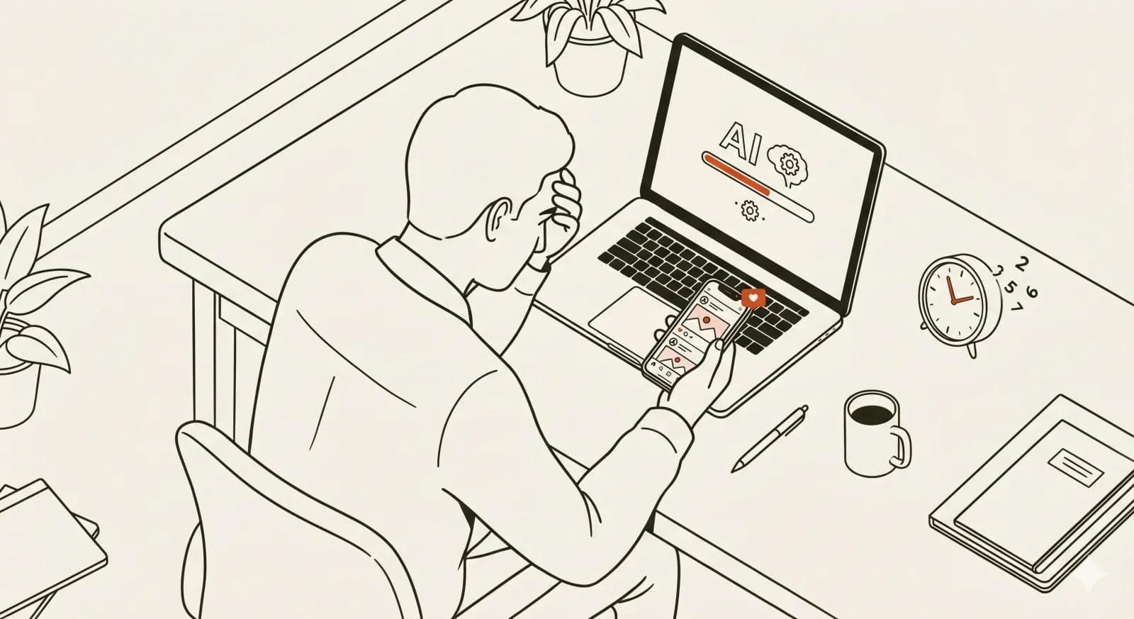 AIの読み込みを待つあいだ、スマートフォンに気を取られる人のイラスト