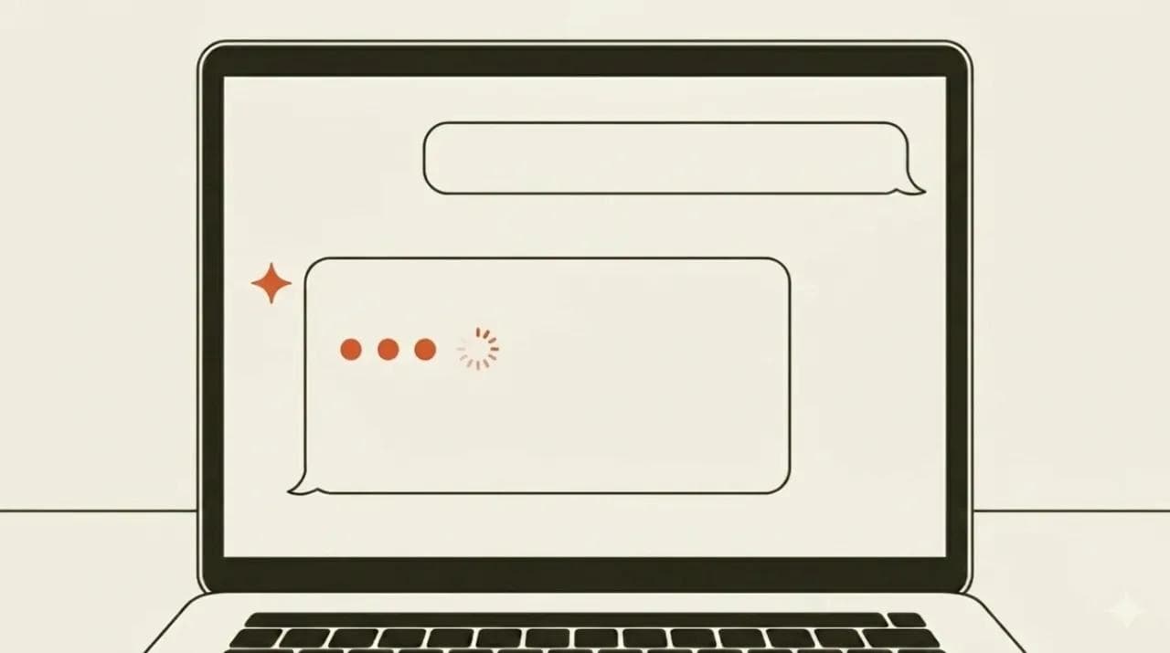 ノートPCの画面で、送信したプロンプトにAIが思考中(ローディング)を示すイラスト