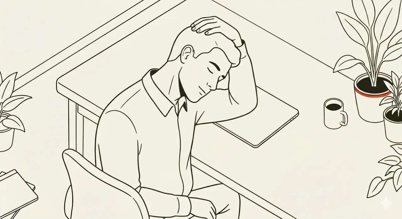 机に向かい、首をゆるめて休む人のイラスト